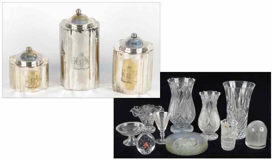 Appraisal: GROUP OF THREE SILVERPLATE CANNISTERS Together with cut and pressed