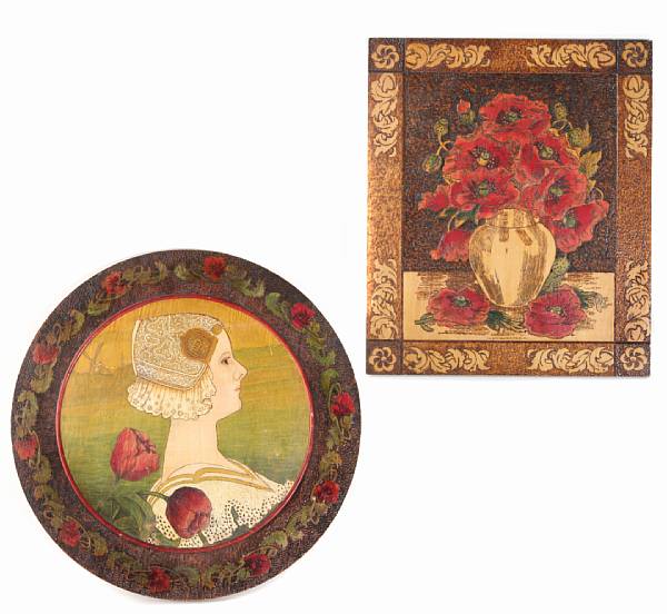 Appraisal: Two pyrography plaques with poppy decoration and a circular plaque