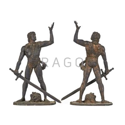 Appraisal: LAZLO ISPANKY Hungarian - Two bronze sculptures of David slaying