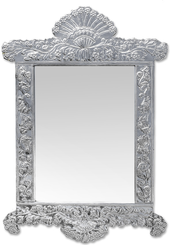 Appraisal: LARGE SILVERED EMBOSSED METAL MIRROR Contemporary mirror embossed silvered metal