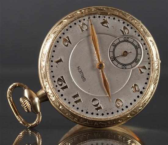 Appraisal: Gruen K yellow gold open-face pocket watch Estimate - Missing