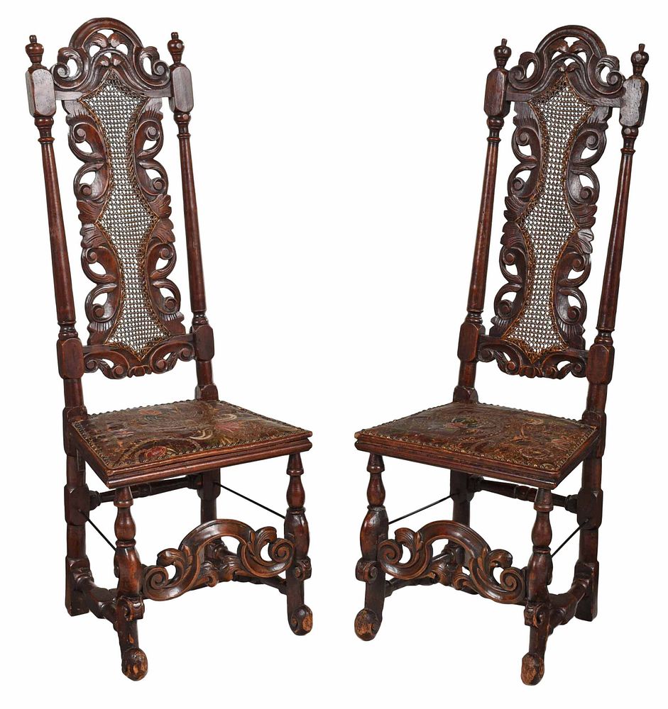 Appraisal: Pair William and Mary Carved Caned Side Chairs British or