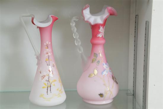 Appraisal: TWO VICTORIAN ART GLASS EWERS Both pink satin glass with