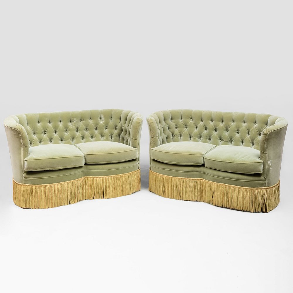 Appraisal: Pair of Green Velvet Tufted Upholstered Two Seat Sofas x