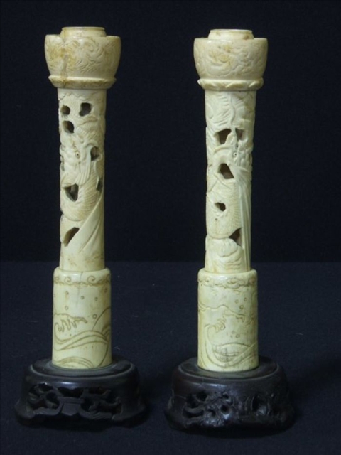 Appraisal: PAIR OF ASIAN CARVED BONE CANDLESTICKS h in