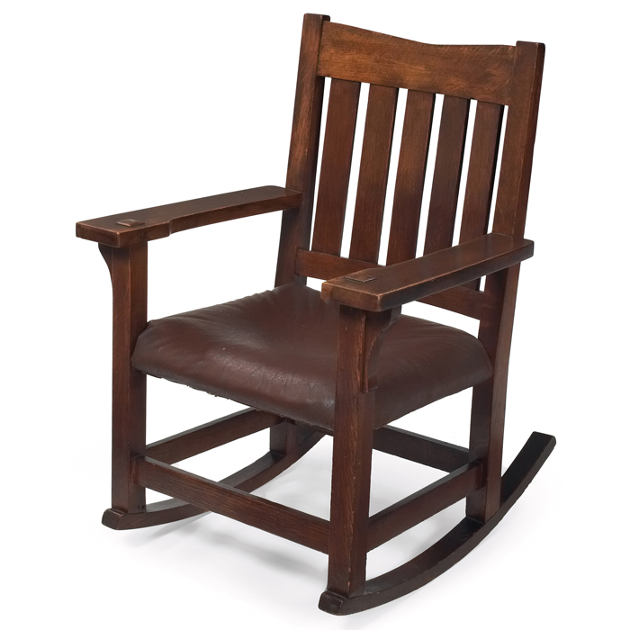 Appraisal: Gustav Stickley rocker ''V'' back form with five vertical slats