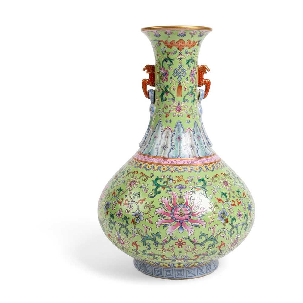 Appraisal: LIME-GREEN-GROUND FAMILLE ROSE 'LOTUS' VASE QIANLONG MARK BUT TH CENTURY