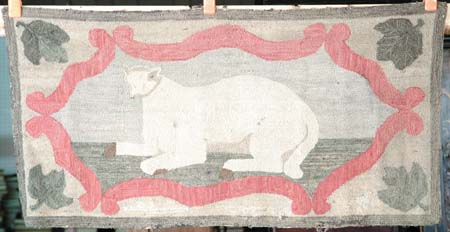 Appraisal: WHITE CAT HOOKED RUG Central white folky looking cat surrounded