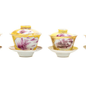 Appraisal: Two Pairs of Chinese Famille Rose Yellow Ground Teabowls each