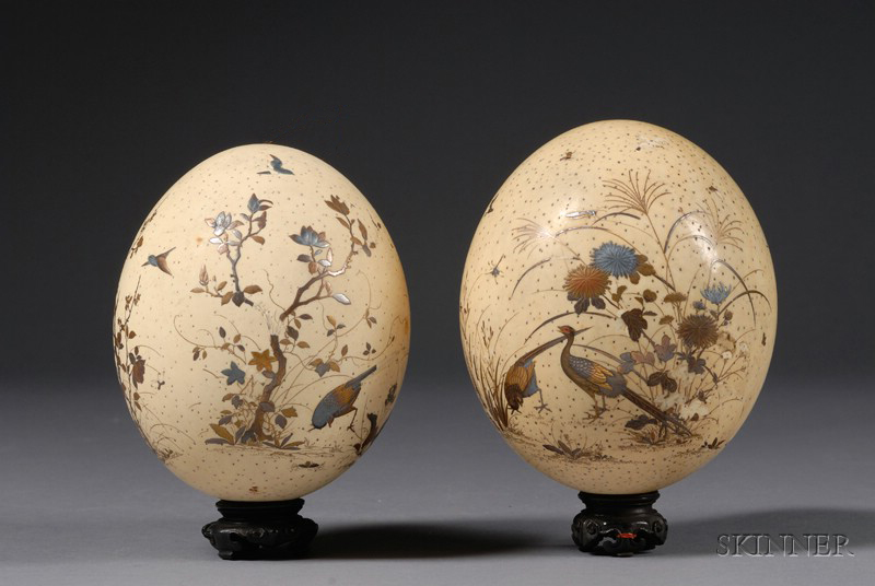 Appraisal: Pair of Decorated Ostrich Eggs Japan th century gold lacquered