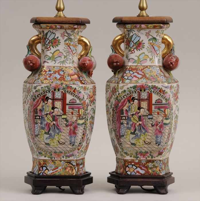 Appraisal: PAIR OF CANTON ROSE MEDALLION VASES MOUNTED AS LAMPS Each