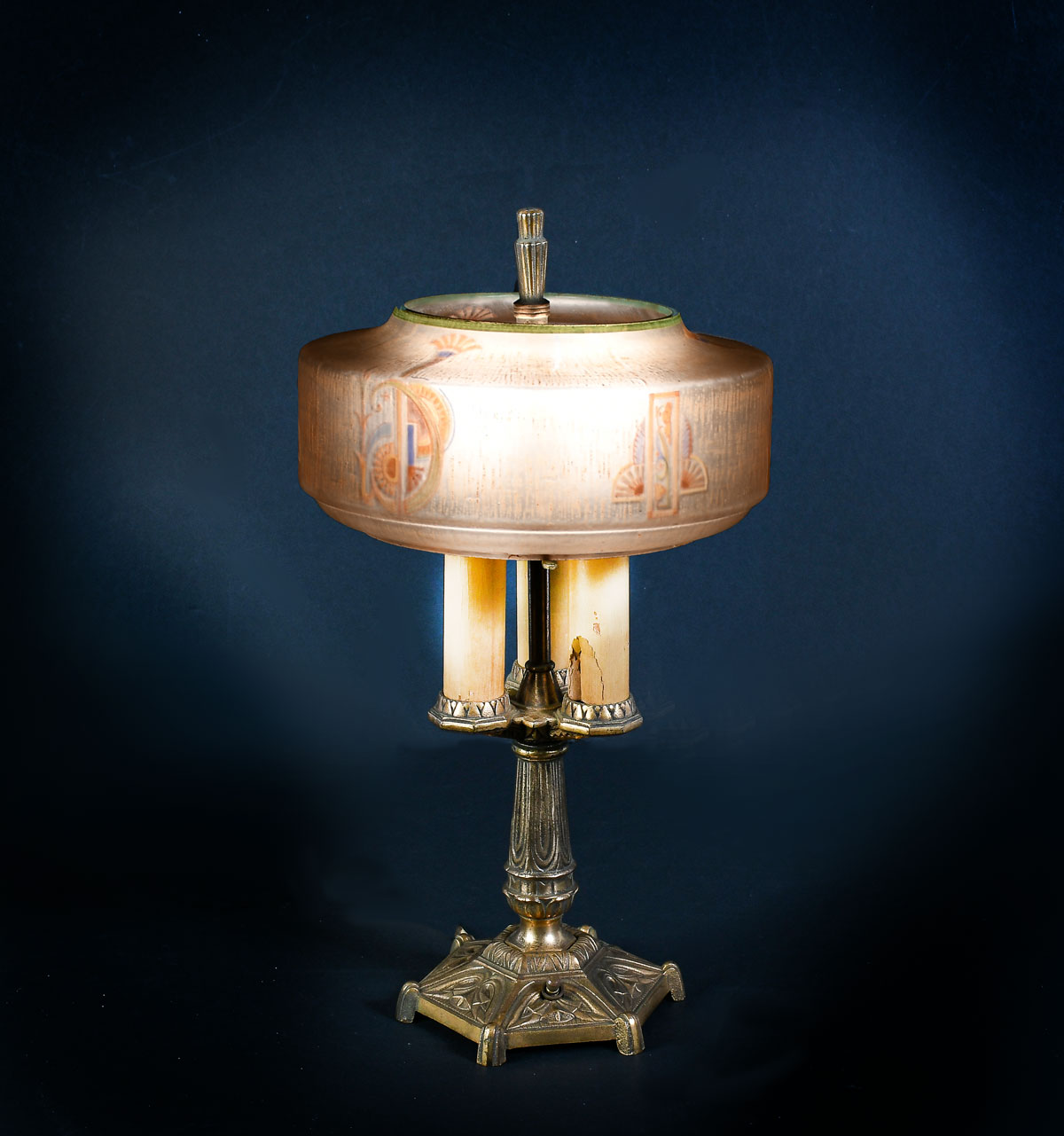 Appraisal: AESTHETIC MOVEMENT REVERSE PAINTED LAMP Bronze light base having a