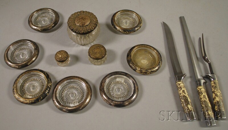 Appraisal: Group of Silver and Silver-mounted Items three silver-lidded dresser jars