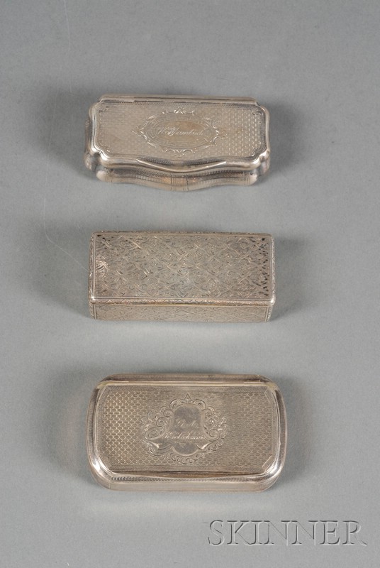 Appraisal: Three European Silver Snuff Boxes two French one rectangular with