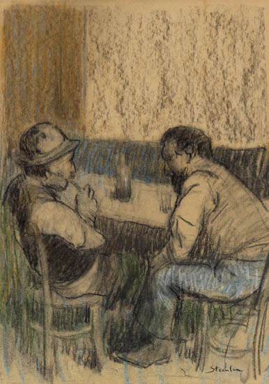 Appraisal: TH OPHILE STEINLEN Au Caf Charcoal and color pastels on