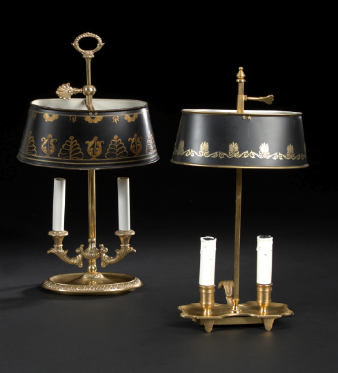 Appraisal: Petite French Gilt-Lacquered Brass Two-Light Bouillotte Lamp in the Louis