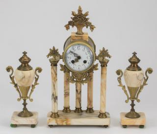 Appraisal: Gilt bronze and marble clock garniture h French Neoclassical style