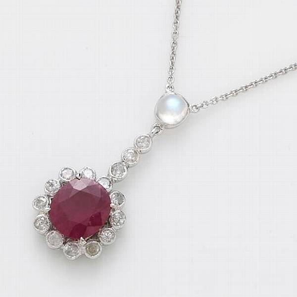 Appraisal: A ruby diamond moonstone and k white gold necklace estimated