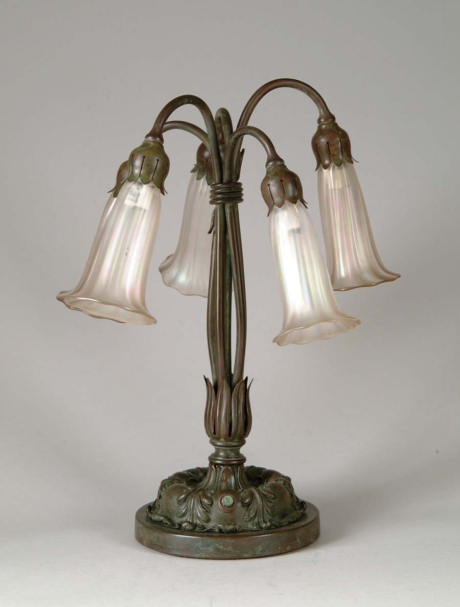 Appraisal: STEUBEN FIVE LILY LAMP Beautiful five lily lamp has ornate