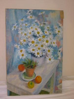 Appraisal: SHEILA BOWNAS Still Life with Michaelmas Daisies and Fruit unsigned