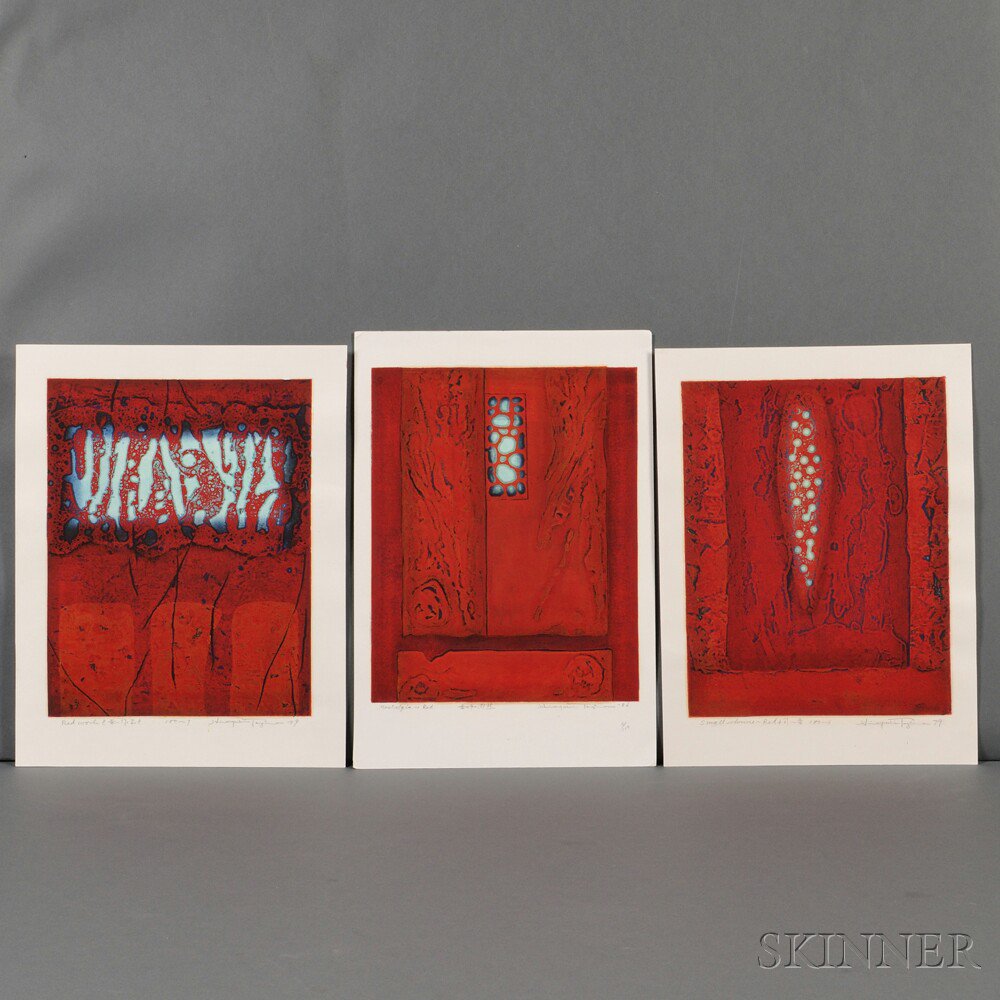 Appraisal: Hiroyuki Tajima - Three Etchings Japan Small Shrine - Red