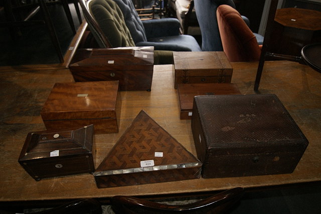 Appraisal: Victorian triangular parquetry box and leather jewellery boxand five other