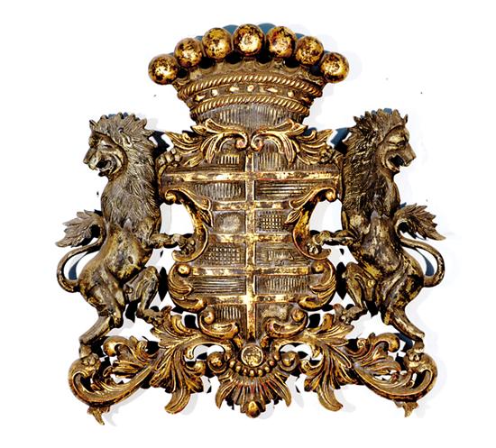 Appraisal: Carved wood coat-of-arms polychrome and gilt-decorated with crown and shield