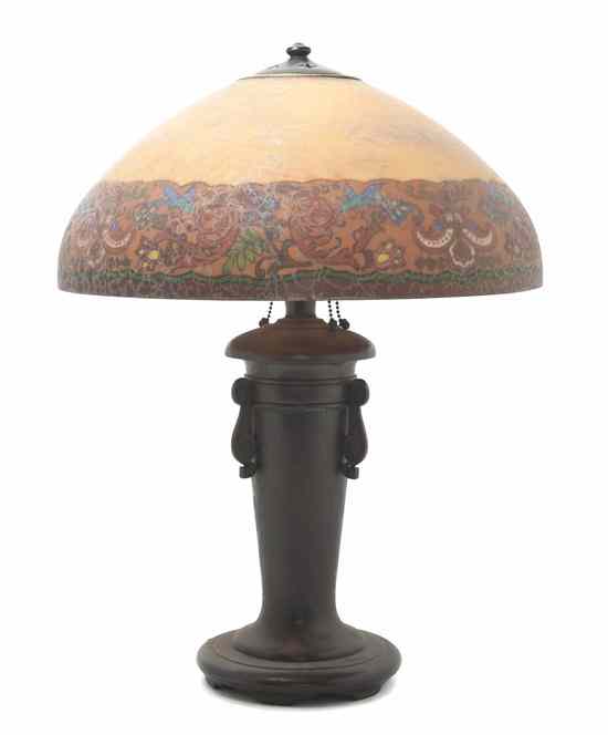 Appraisal: An American Reverse Painted Lamp the domed shade with foliate