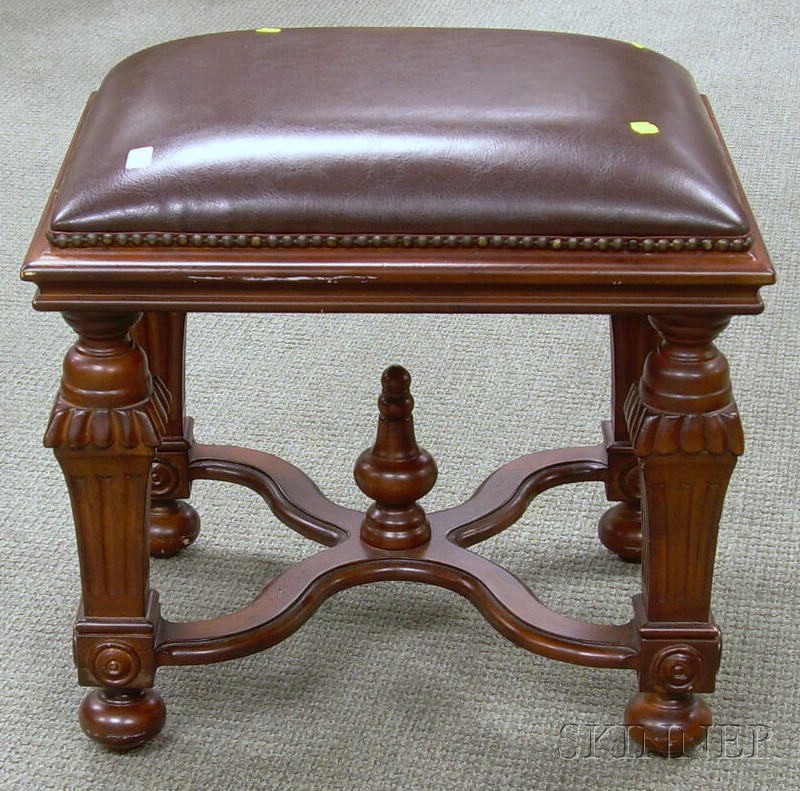 Appraisal: Jacobean-style Leather Upholstered Carved Hardwood Stool