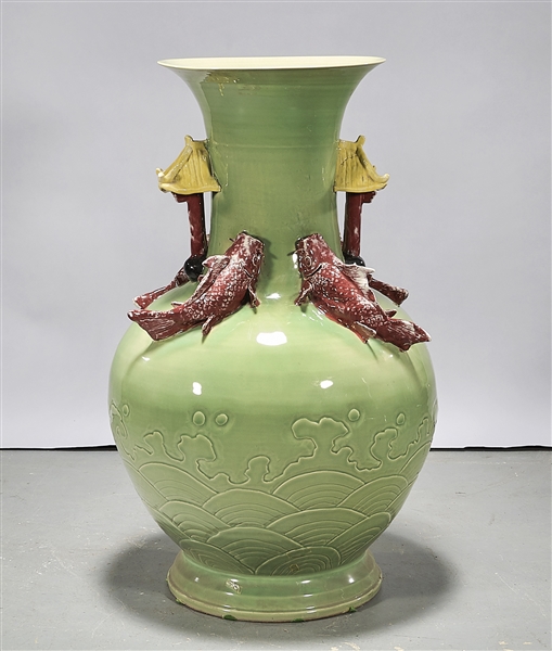 Appraisal: Large Chinese celadon glazed porcelain globular vase incised design molded