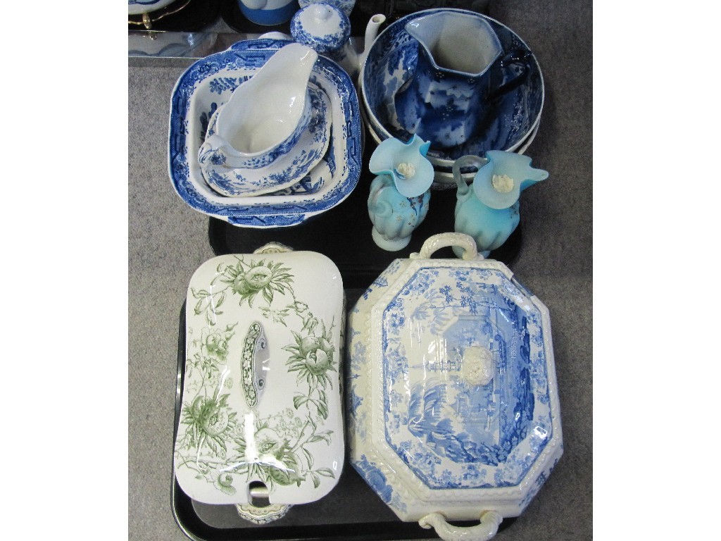 Appraisal: Tray of blue and white ceramics and a pair of