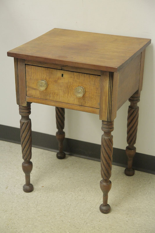 Appraisal: ONE DRAWER STAND Walnut and curly maple Large drawer with