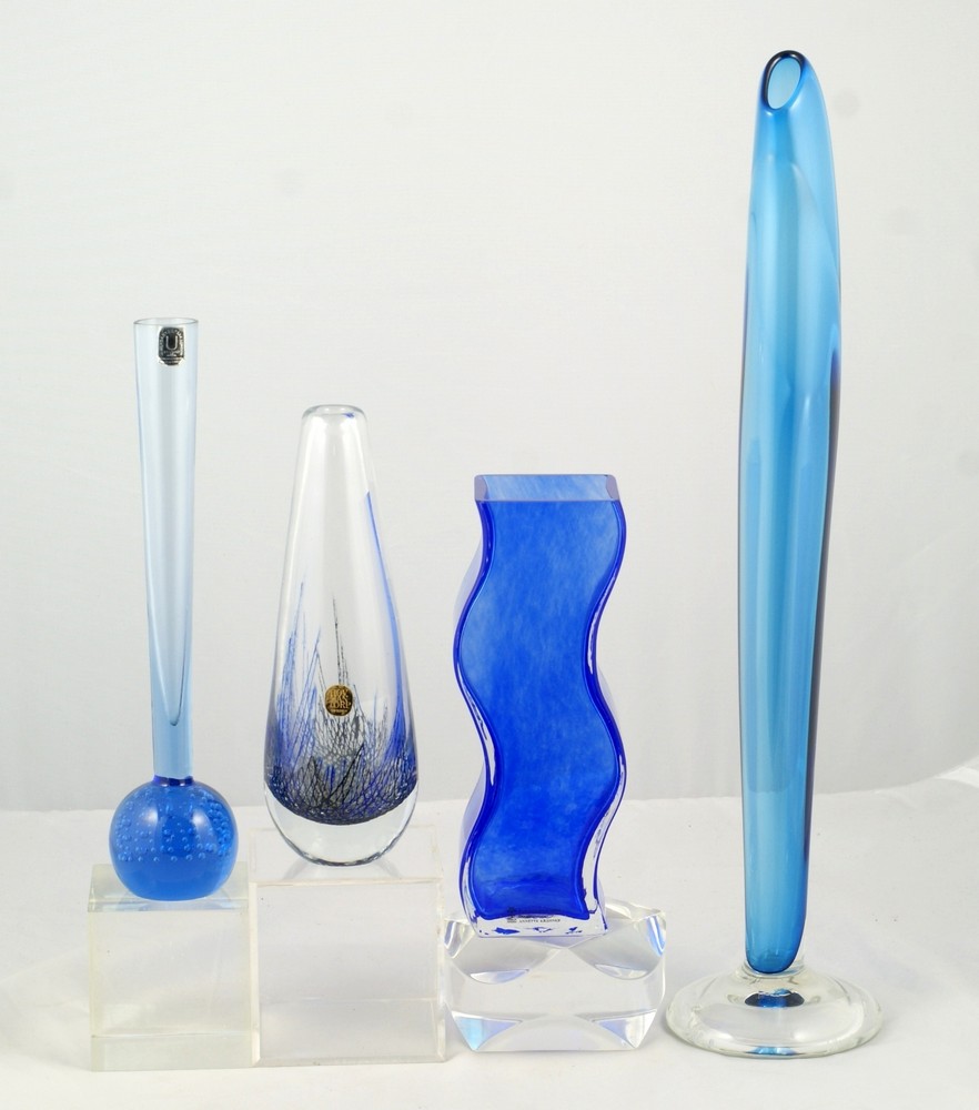 Appraisal: Art Glass Vases with adhesive labels including blue bud vase