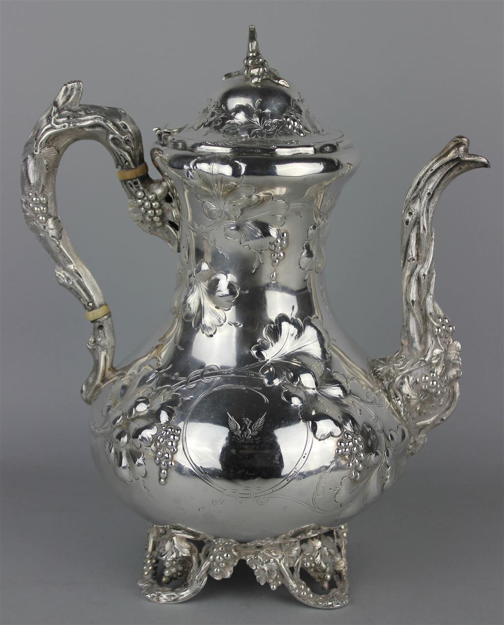 Appraisal: AMERICAN CRESTED COIN SILVER COFFEE POT CIRCA NEW YORK MAKER'S