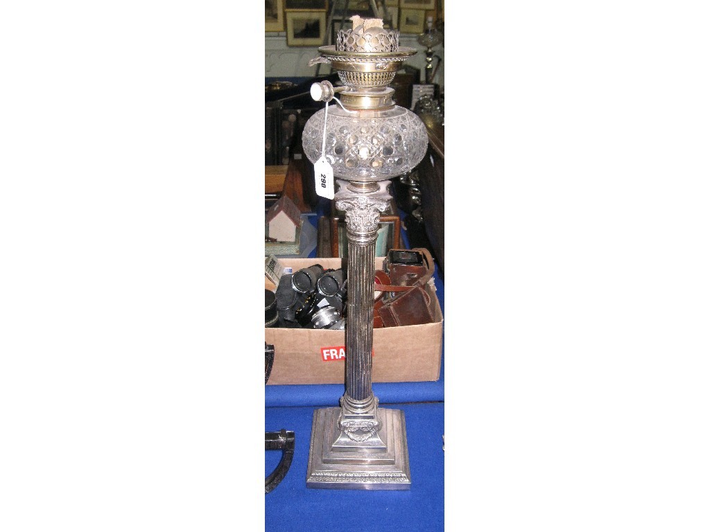 Appraisal: Silver plated Corinthian column oil lamp