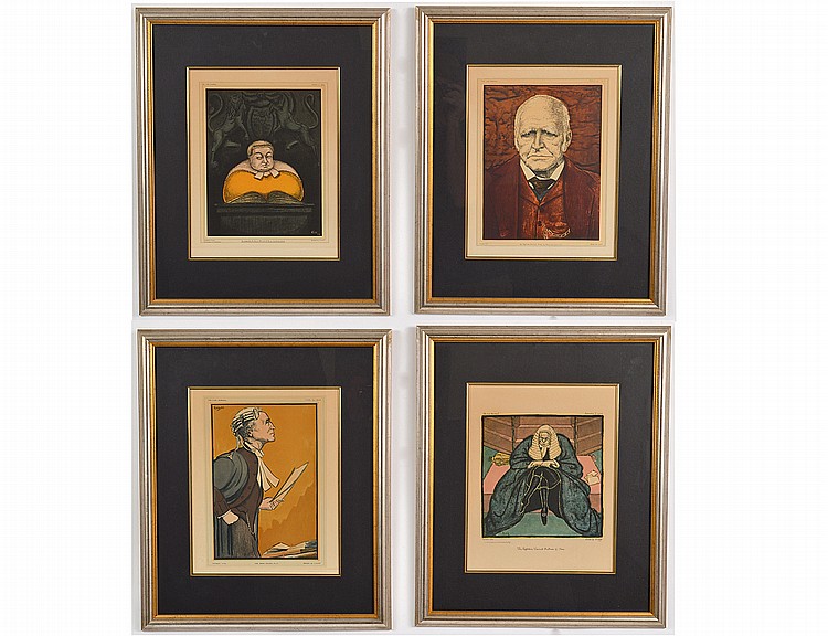 Appraisal: GROUP OF FOUR SATYRICAL COLOR WOODCUTS OF JUDGES LAWYERSDrawn by