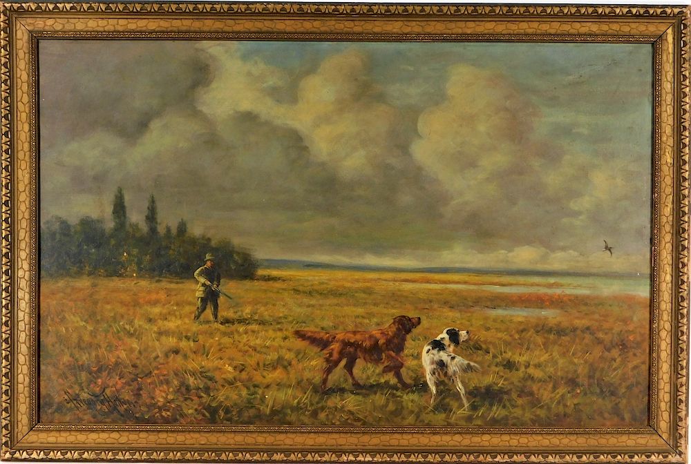 Appraisal: Gregory Hollyer Hunting Dogs Landscape Painting United Kingdom United States