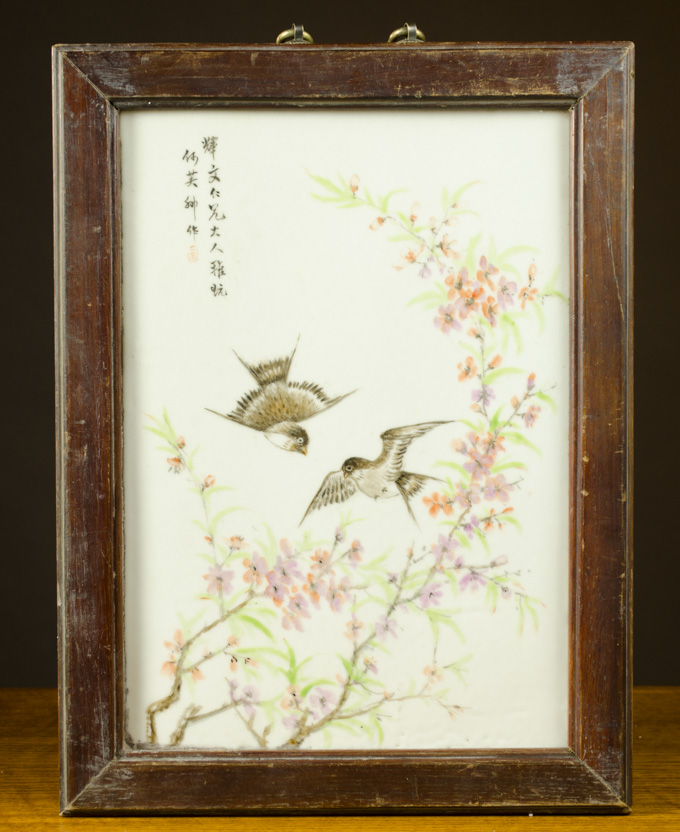 Appraisal: CHINESE REPUBLIC PORCELAIN QUANJIAN PLAQUE depicting birds in a blossoming