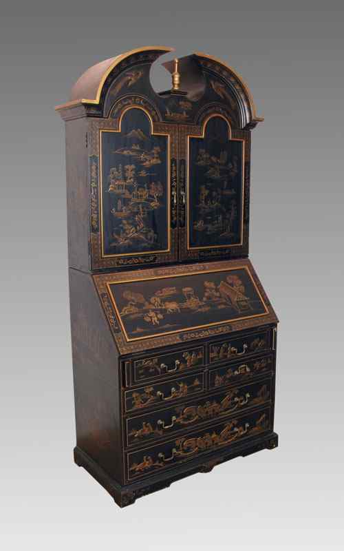 Appraisal: CHINOISERIE DECORATED SECRETARY Striking red painted interior with an abundance