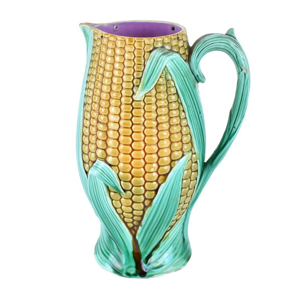 Appraisal: Majolica Pitcher Antique Majolica Glazed Pottery Corn Pitcher Staffordshire England