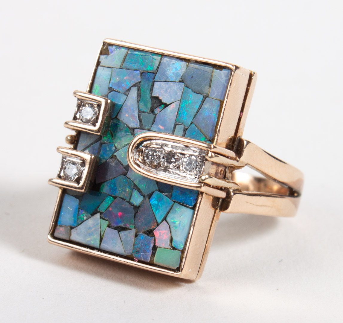 Appraisal: Opal mosaic and diamond ring unmarked gold the mounting appears