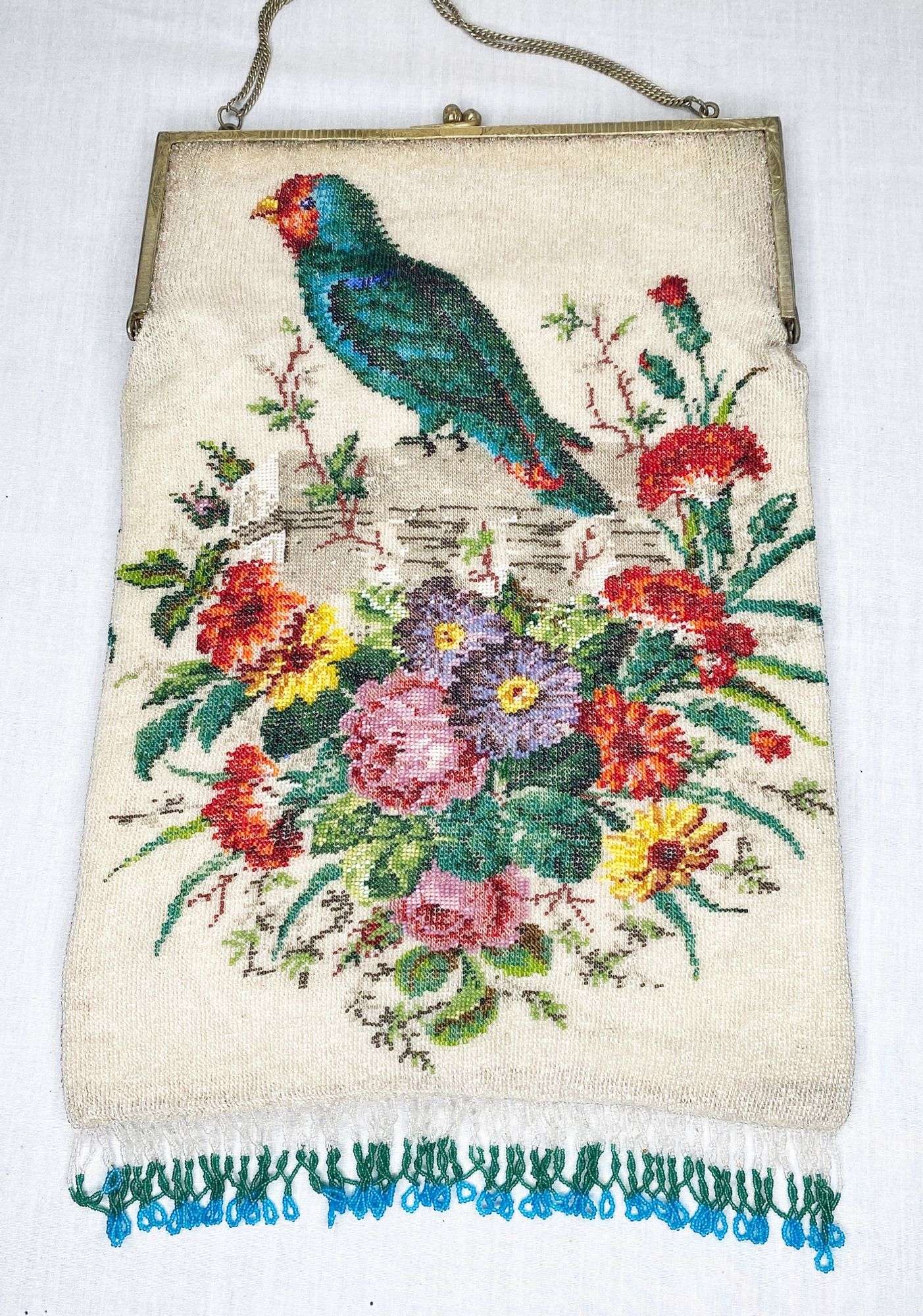 Appraisal: Large Micro Beaded Purse with Bird and Flowers long Wide