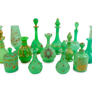 Appraisal: A Collection of Fifteen Green Opaline Glass Items TH CENTURY