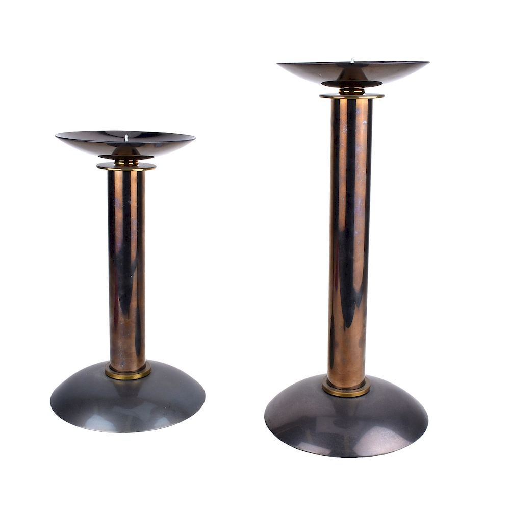 Appraisal: Karl Springer Gunmetal Brass Candleholders Pair Karl Springer Gunmetal Brass