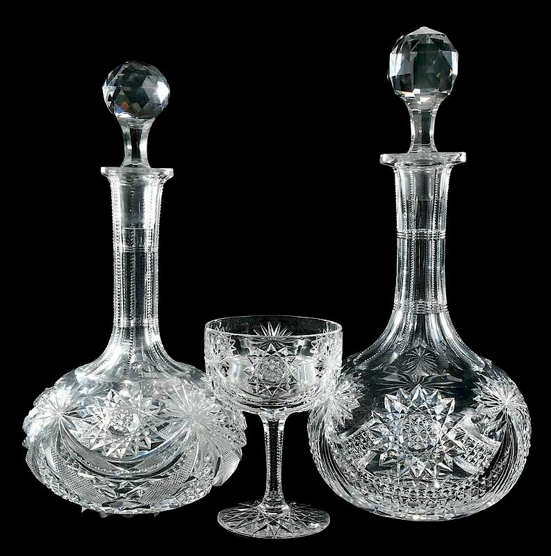 Appraisal: Pair Cut Glass Straus Decanters Stem Drape pattern a k