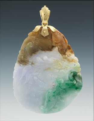 Appraisal: A Large Carved Jadeite Pendant Carved jadeite pendant depicting a