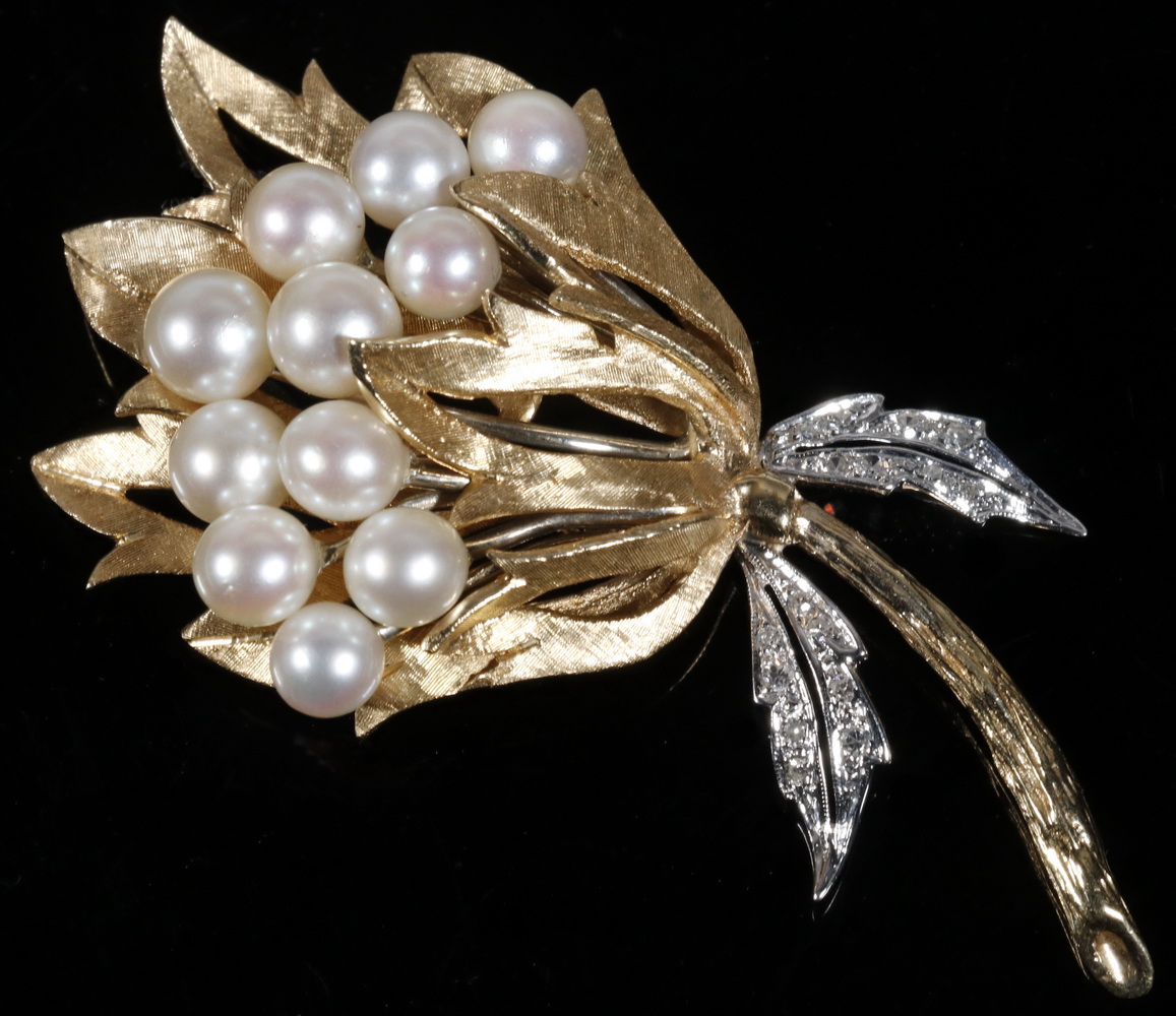 Appraisal: BROOCH Floral spray form vintage pearl and diamond brooch in