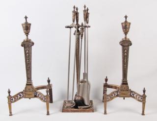 Appraisal: PAIR OF FRENCH REGENCY STYLE ANDIRONS AND FIRE TOOLS PAIR