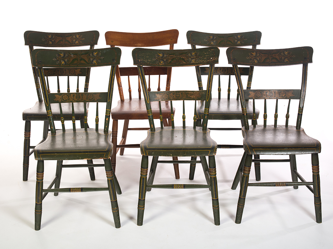 Appraisal: SIX SPINDLE BACK CHAIRS American mid th century mixed woods