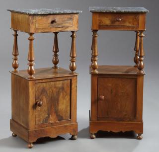 Appraisal: Pair of French Louis Philippe Carved Walnut Marble Top Nightstands